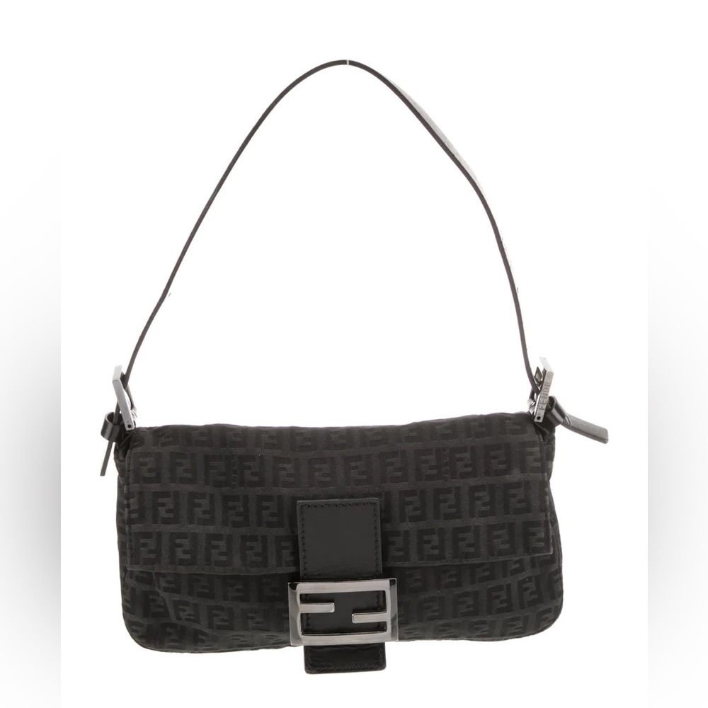 FENDI FF Zucca Baguette Bag Silver Hardware GUC Vintage Designer Black Luxury